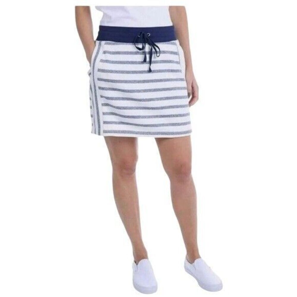 Jones NY Women's Blue Striped Drawstring French Terry Skort Skirt Size L NWOT